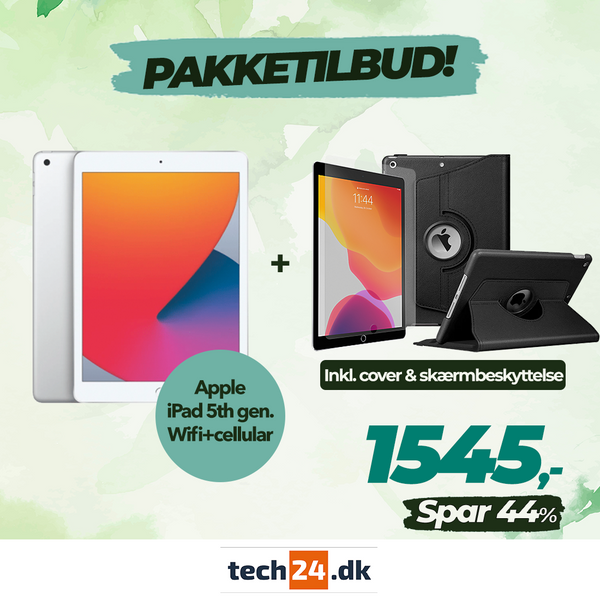 PAKKETILBUD Brugt iPad 5th. gen - 32GB - Wifi+Cellular (Sølv)