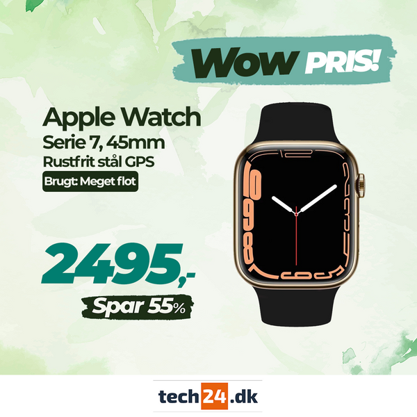 Brugt Apple Watch Serie 7, 45mm, GPS - Meget flot stand - Rustfrit stål (Guld)
